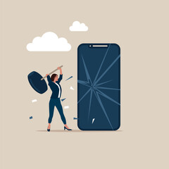 Female  uses sledgehammer and breaks smartphone. Internet addiction. Frustrated smartphone user. Office life makes him crazy. Slow internet connection. Dealing with error. Vector illustration