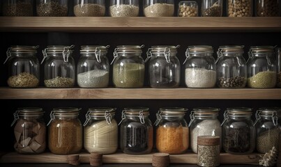  a shelf filled with jars filled with different types of food.  generative ai