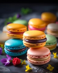 Still life scene of colorful and exquisite macarons, Delicate fine french pastry, AI generated