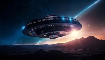 Naklejka na ściany i meble UFO, a journey through space, traveling in a high tech, alien ship, generative ai
