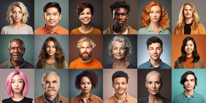 Headshot collection of diverse group of fictitious people of different gender age and ethnicity. Geneartive AI.