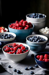A bowl of blueberry , strawberry , raspberry , fresh snacks for diet  in the style of minimalist, polished concrete backdrops. Generative AI