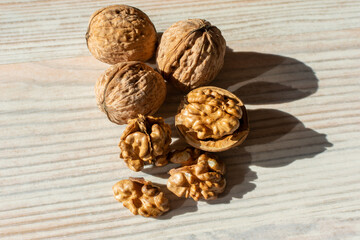 Whole and cracked walnuts