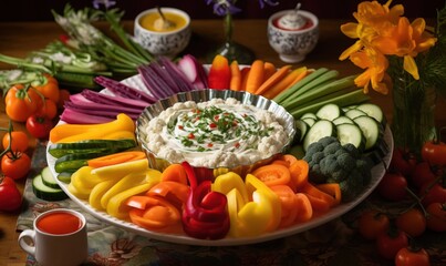  a platter of vegetables and dip surrounded by other foods.  generative ai