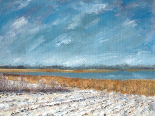 Illustration with a winter landscape. The first snow on the field. Oil painting with snow and clouds in the sky