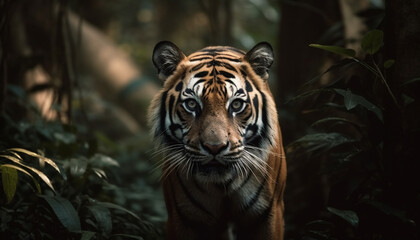 Bengal tiger staring, close up portrait in nature generated by AI