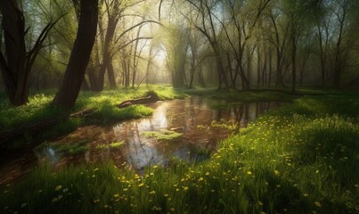 Fototapeta na wymiar a painting of a stream running through a lush green forest. generative ai