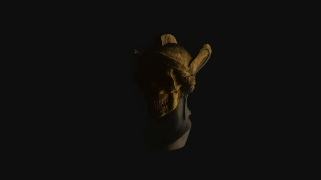 Skull with helmet in the dark. Mystical video for your project. 3D render.