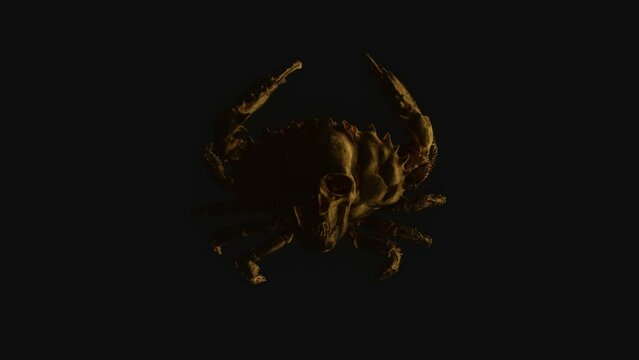 Golden crab with skull on body in the dark. Mystical video for your project. 3D render.