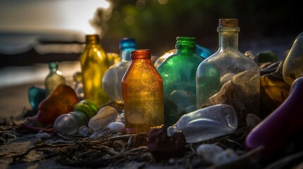 Obraz na płótnie Canvas Das Bild zeigt Plastikmüll an einem tropischen Strand, welches die Probleme der Müllentsorgung auf dieser Welt darstellen soll. Die Aufnahme wurde bei einen Sonnenuntergang Aufgenommen.