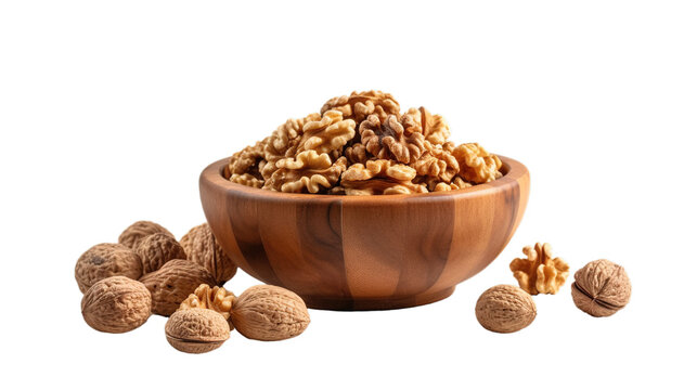 Mix of nuts and dry fruits isolated on transparent background, almonds, walnuts, hazelnuts and raisons on a pile, healthy food. Organic concept ideal for social media, web illustration, Generative AI