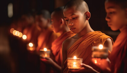 Men and women meditating in candlelight harmony generated by AI