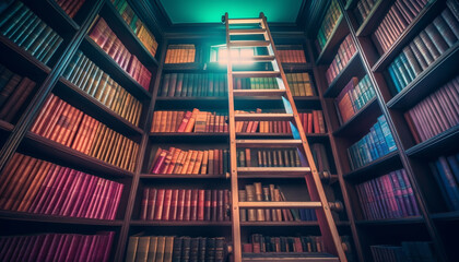 Abundance of old literature on bookshelf, illuminated generated by AI
