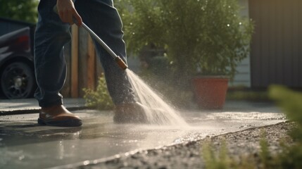 A dynamic shot of a man using a pressure washer to blast away dirt and grime from a weathered driveway. Generative AI