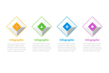 Vector infographic design template with 4 steps or options in orange, green, blue, purple color.