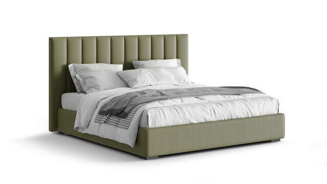 Modern double bed on isolated white background. Furniture for the modern interior, minimalist design. Eco leather. 