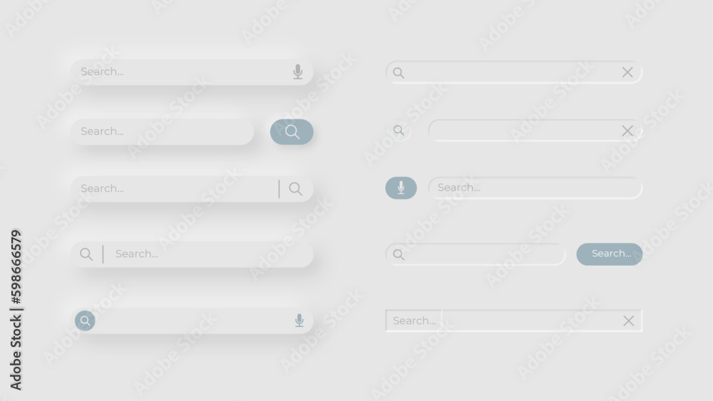 Poster 10 search neumorphism bars. search bars with microphone buttons and editable text.