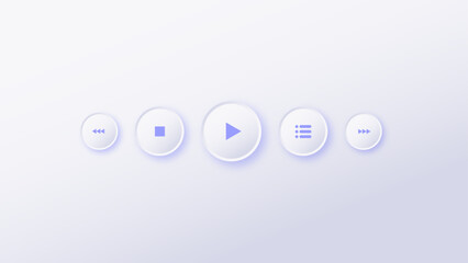 5 Purple music buttons include play, stop, playlist, rewind, and fast forward buttons in neumorphism style.