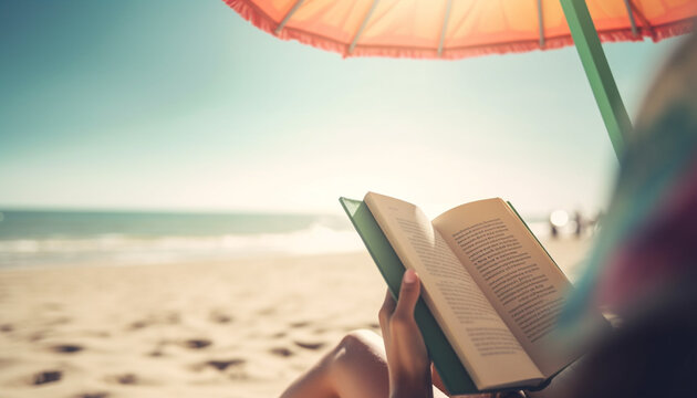 Women holding book, reading in nature relaxation generated by AI