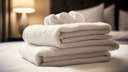 Fototapeta na wymiar Fresh towels on bed in hotel room created