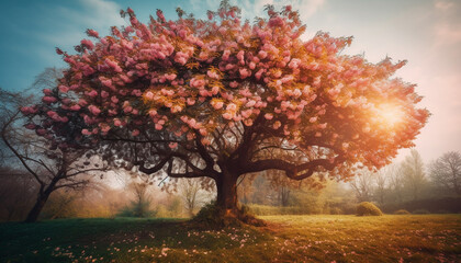 Fototapeta premium Tranquil scene of idyllic meadow at dawn generated by AI