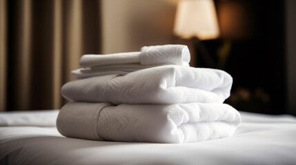 Fototapeta na wymiar Fresh towels on bed in hotel room created