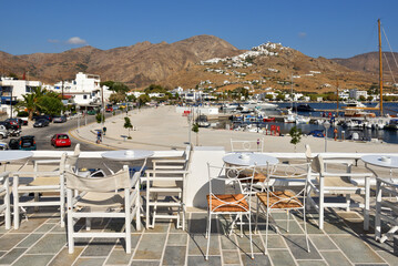 Typical seaside restaurant with beautiful sea view in Livadi village on Serifos Island. Greece
