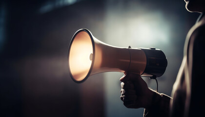 Men holding megaphone shouting message to public audience generated by AI