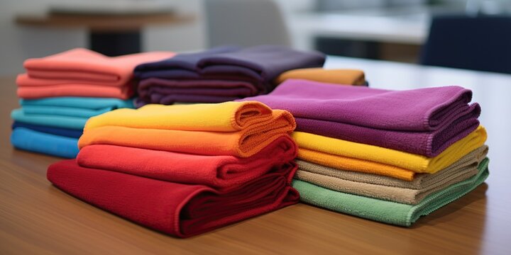 Collection of colorful microfiber cloths each designated for a specific cleaning task, concept of Task-specific cleaning supplies, created with Generative AI technology Generative AI