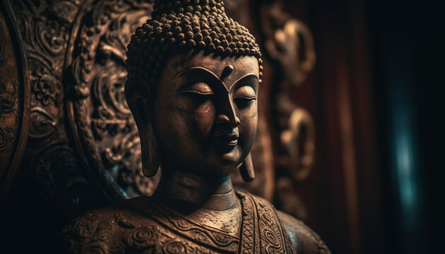 Meditating men pray at ancient Buddhist pagoda generated by AI