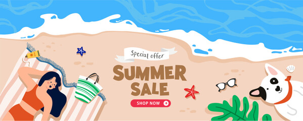 Naklejka premium special offer summer sale banner woman and dog on the beach.