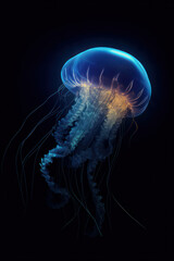 Glowing jellyfish swim deep in the blue sea. Jellyfish neon jellyfish fantasy on black background. Generative AI  Generative AI