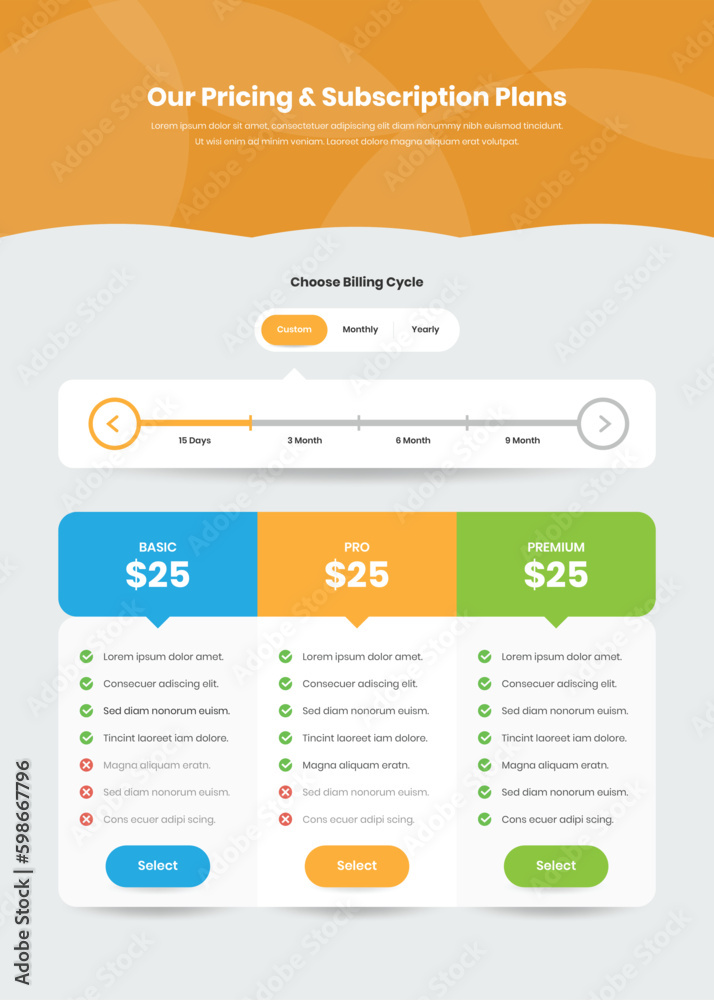 Wall mural modern pricing list and subscription plans web template design with custom billing cycle option
