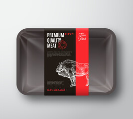 Premium Quality Bison Meat Packaging Design Layout with Label Stripe. Abstract Vector Food Plastic Tray Container with Cellophane Cover. Modern Typography and Hand Drawn Buffalo Silhouette Background