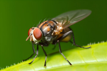 Fly close-up on a green leaf, dark green background. Generative AI content. Generative AI