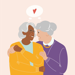 Old adult gay couple mental health recovery vector illustration. Psychical relief aged elder LGBTQ women in a calm and love giving hugs. Mature people self care portrait Isolated