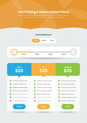 Modern pricing list and subscription plans web template design with custom billing cycle option