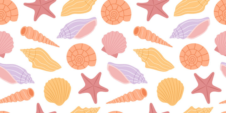 Seamless pattern with different shells and starfish on a white background