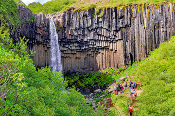 Wonderful and high Svartifoss waterfall with black basalt columns in South Iceland with a group of ...