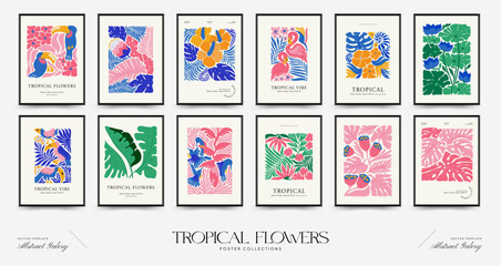 Fototapeta na wymiar Abstract floral posters template. Modern trendy Matisse minimal style. Tropical jungle. Hand drawn design for wallpaper, wall decor, print, postcard, cover, template, banner. 