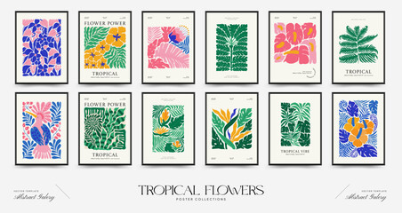 Abstract floral posters template. Modern trendy Matisse minimal style. Tropical jungle. Hand drawn design for wallpaper, wall decor, print, postcard, cover, template, banner. 