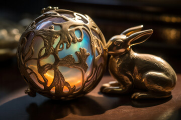 jewelry easter bunny and egg. opal and gold. Generative AI Generative AI