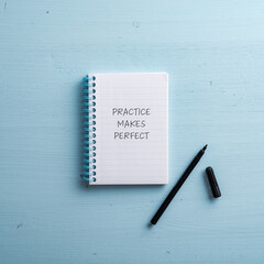 Top view of a spiral notepad with Practice makes perfect sign in it - 598668754