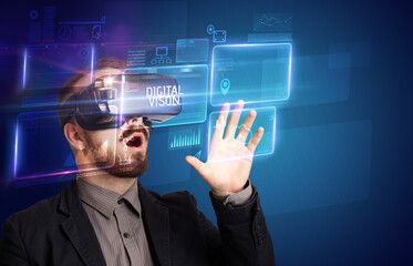 Businessman looking through Virtual Reality glasses, tech concept