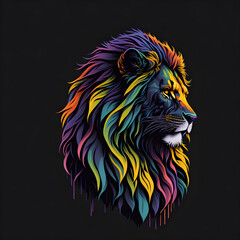 A design of a lion, sunset design, t- shirt art, 3D vector art, cute and quirky, bright bold colorful., black background, watercolor effect, , digital painting