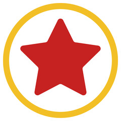 Red color star icon with yellow circle, flat style vector shape illustration for mobile, app, web, UI, game, logo, stamp, sticker, label, agenda, lazer engrave model symbol with isolated background.
