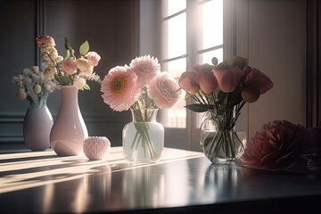  Bouquet of spring flowers in a vase on the table.  Sun light interior room. Happy Mother's Day background,  March 8, International Women's Day. Ai generative