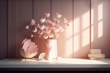  Bouquet of spring flowers in a vase on the table.  Sun light interior room. Happy Mother's Day background,  March 8, International Women's Day. Ai generative