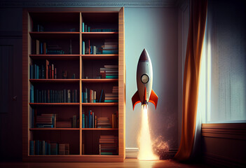 A rocket blasting off from a stack of books