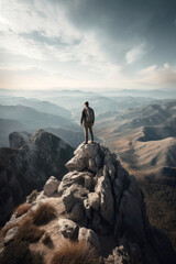 Adventurer standing on top of a mountain peak. Generative AI